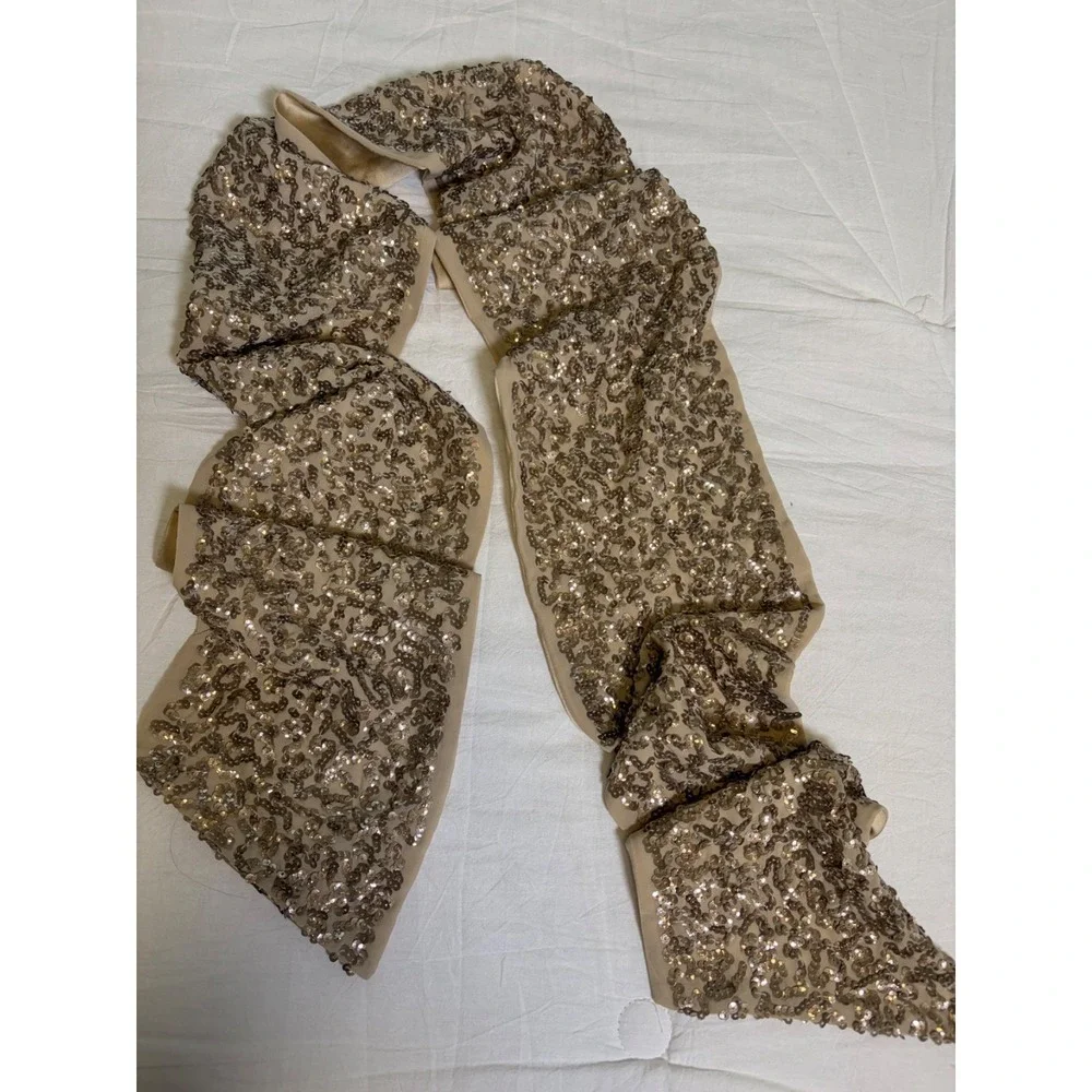 Vintage Beige Silk Champagne  Sequin Rectangle Scarf~70
